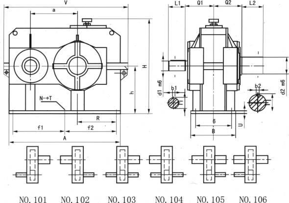 JDX28、JDX36、JDX45、減速機(jī)的裝配型式及外形尺寸圖(JC/T878.2-2001)